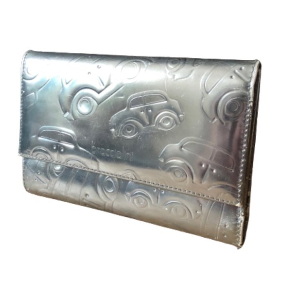 Braccialini Metallic Silver Embossed Cars Leather Trifold Checkbook Wallet - Picture 1 of 16